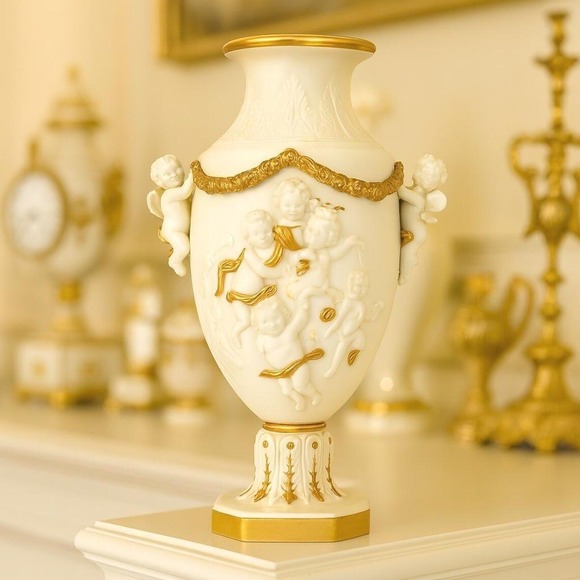 Antique Capodimonte White Porcelain Raised Relief Cherubs Gold Gilt Accents - Picture 1 of 10